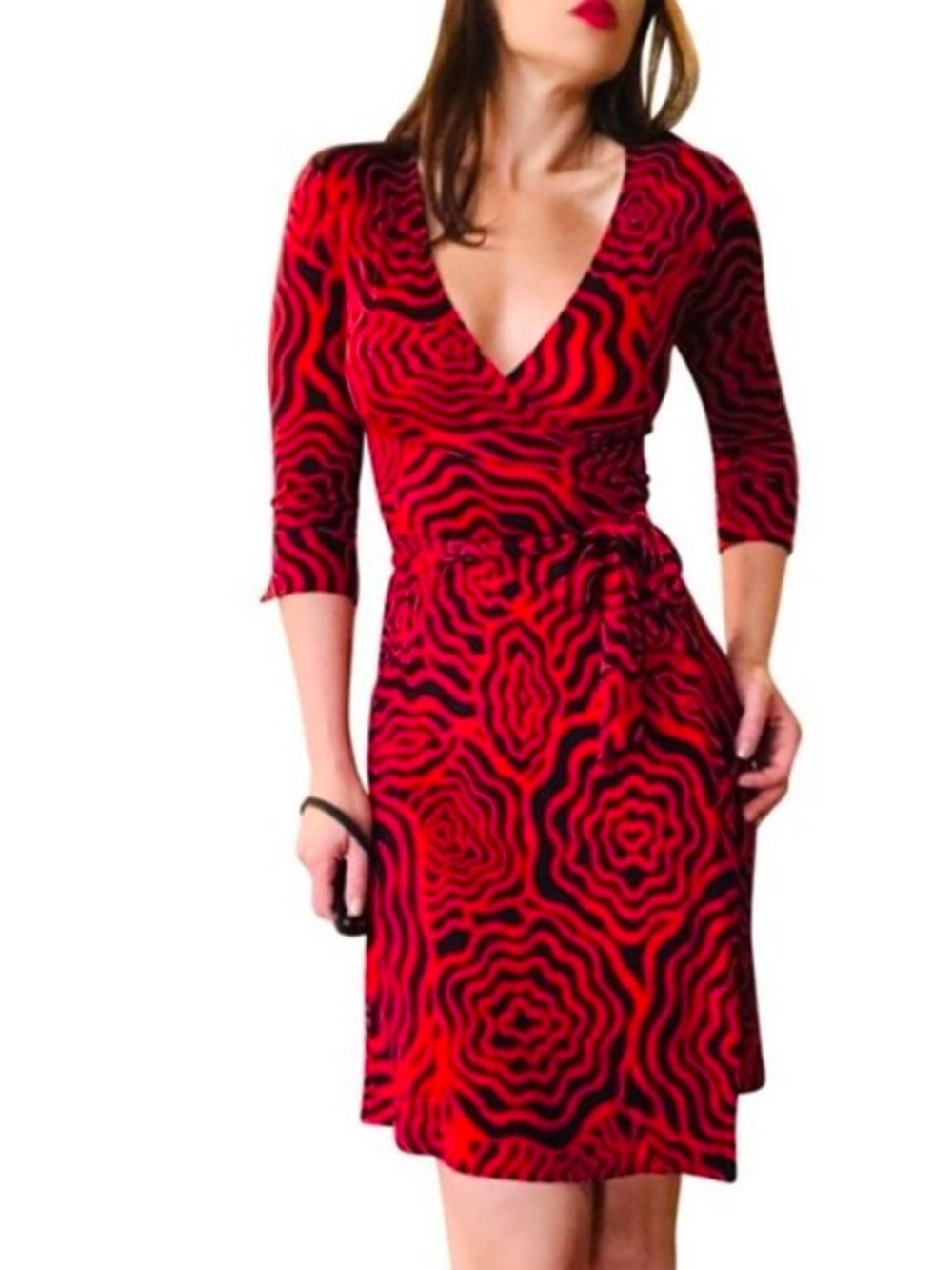 Vintage Diane Von Furstenberg Red & Black Surreal Floral Wrap Dress